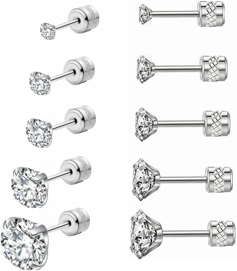 5 Pairs Screw Back Stud Earrings,Hypoallergenic Stainless Steel Cubic Zirconia Double Sided Ear Ringing for Women Men Cartilage Tragus Earring 2-6mm