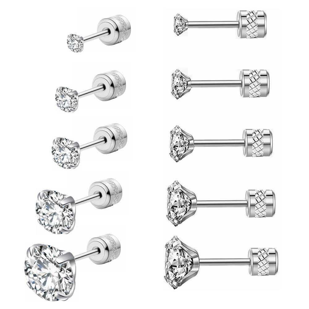 ZOCOYUU5 Pairs Stud Earrings Set,Hypoallergenic Earrings 316L Stainless Steel Double Round Cubic Zirconia Ear Ringing Jewelry for Women Men Boys & Girls 2-6mm Silver