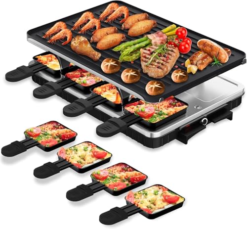 HBN - Parrilla eléctrica Raclette con 8 bandejas de calentamiento, parrilla coreana 2 en 1 y plancha eléctrica antiadherente, control de temperatura ajustable, 1300 W, ideal para reuniones familiares