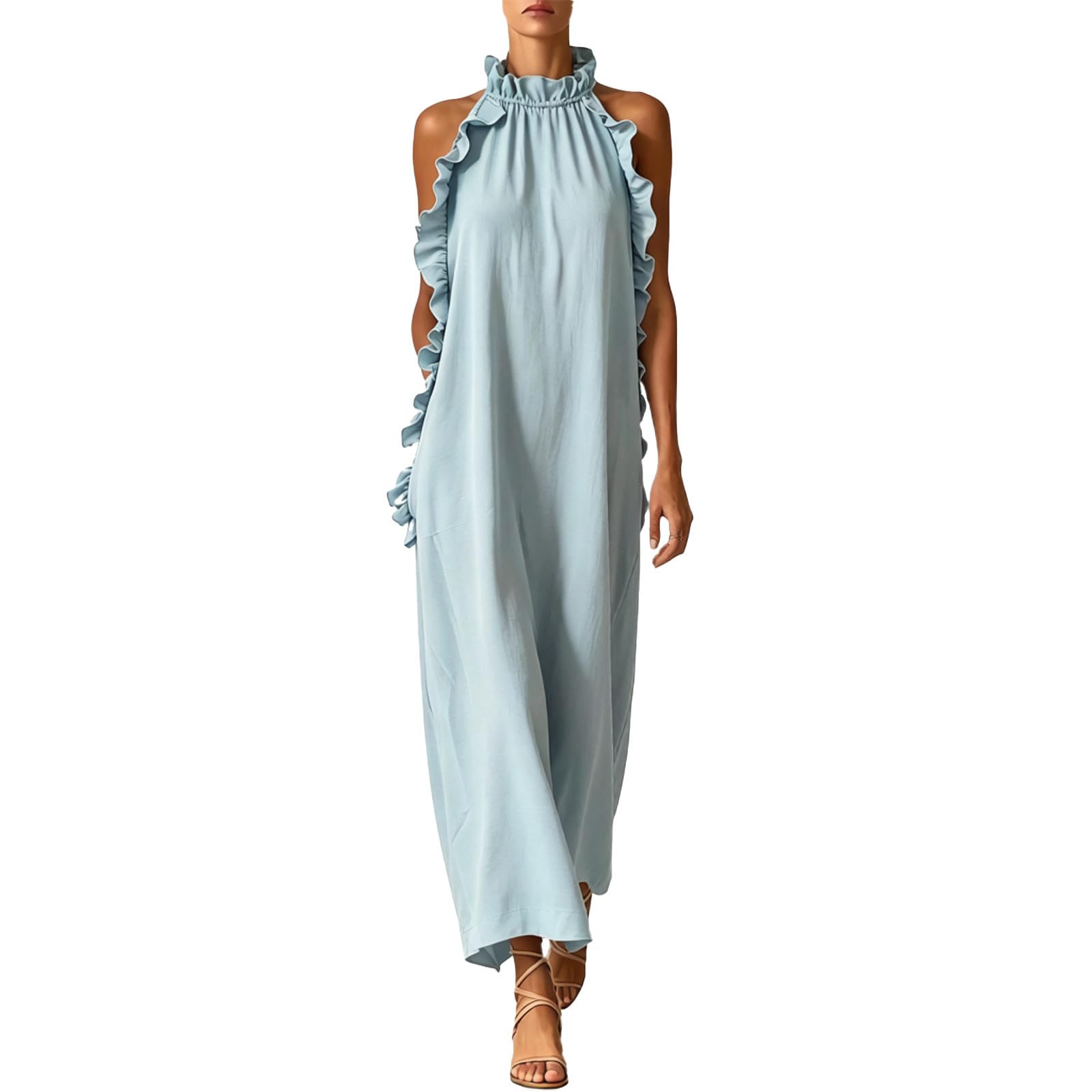 Robe longue élégante sans manches dos nu volants coupe ample