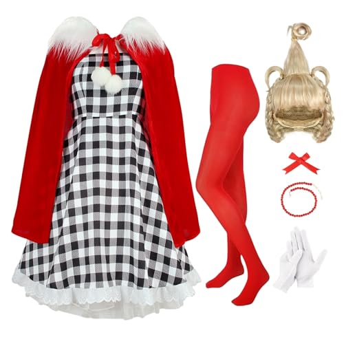 Disfraz rojo de Navidad para niñas con peluca y collar miniatura 1