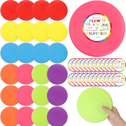 ceiba tree 24 Pcs End of School Year Student Last Day of School Summer Gifts Flying Disc for Kids from Teacher 7 inch Rubber Flyer Disks with Cards Bulk for Students Lawn Sport for Beach
