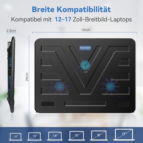 TECKNET Laptop Kühlpads, Laptop Kühler für 12-17 Zoll, Cooling Pad Notebook Cooler Ständer Kühlpad Kühlmatte, 2 USB-Ports, 3 Lüfter mit LEDs(Blau+Schwarz)