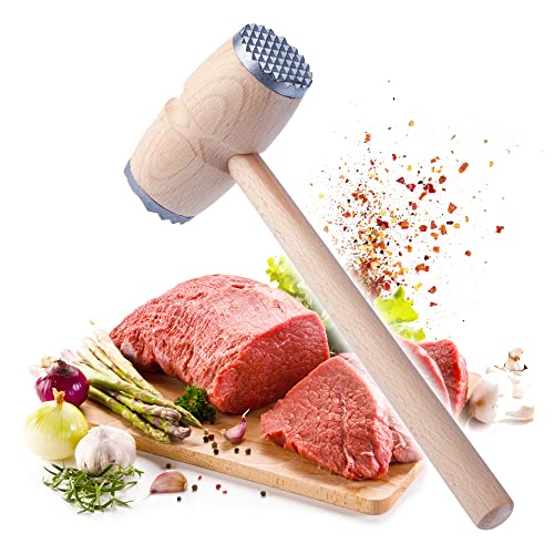 KADAX Attendrisseur à Viande, Marteau à Viande avec extrémité en métal, Double Face Maillet à Viande en Bois, Attendrisseur à Escalopes Rondes