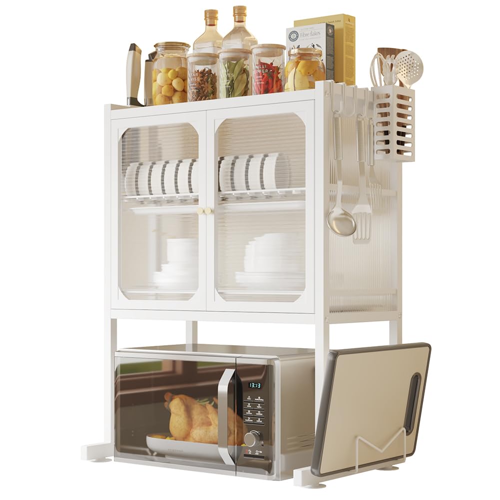 BAKAJI Scaffale Credenza Porta Microonde in Metallo Salvaspazio, Scaffalatura Portamicroonde con Vetrinetta Trasparente, Base Antiscivolo, 2 Ripiani Interni, 57 x 37 x 76 cm (Bianco)
