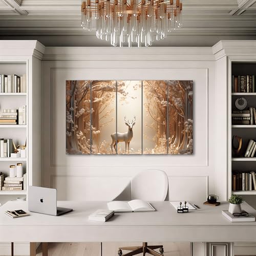 Image of The Castle Decor White & Golden Deer Digital Painting - Wooden Framed Wall Art for Living Room, Bedroom & Hotels (Multi Color - Design 4, 36x60 Inch)