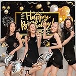Happy Birthday Banner Backdrop, Black and Gold Birthday Party Background 73 x 43 Inch Fabric with Balloons Fireworks, Indoor Outdoor Photo Booth Decoration for Men Women - Image 3