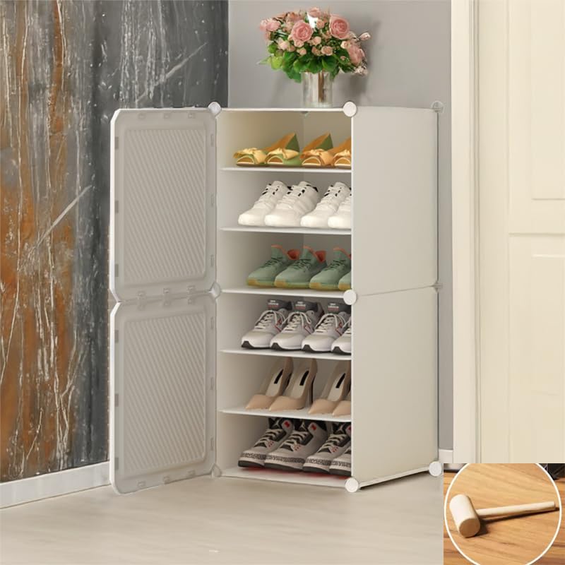 Image of Modular Shoe Rack Organizer with Drawer Storage, Multi-Layer Foldable Shoe Cabinet with Dustproof Doors for Home Entryway Bedroom (White, 2-Door)