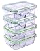 [4 PACK] FreshSav Series 35.5 oz 3-Compartment Glass Meal Prep Food Storage Containers Set Airtight locking Lids | Microwave, Freezer, Oven & Dishwasher Safe | 2 Regular Lid + 2 Lid with Utensils