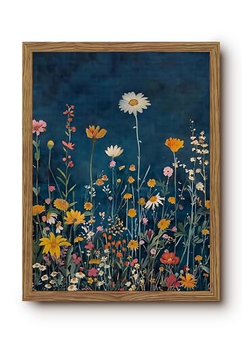 Vintage Spring Wildflower Wall Art, Dark Blue Floral Pictures Wall Decor, Moody Botanical Prints, Cottagecore Colorful Flower Painting, Neutral Artwork for Gallery Living Room Framed 12x16 Inch