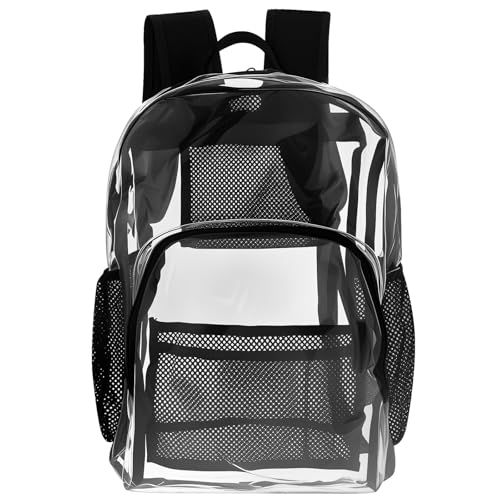 Mochila transparente de grande capacidade com design de vários bolsos de armazenamento para shows, escolas, esportes, viagens, trabalho, estádio, segurança, faculdade
