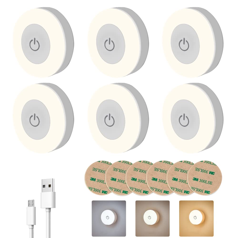 AzzmaAii Luces LED Táctil Redonda Automático 6PCS Luz Nocturna Mini Lámpara Iluminación Segura Noche USB Recargable Luz Armario Luce Blanco Inalámbrica de Empuje Disco para Closet Baño Cocina Pasillo