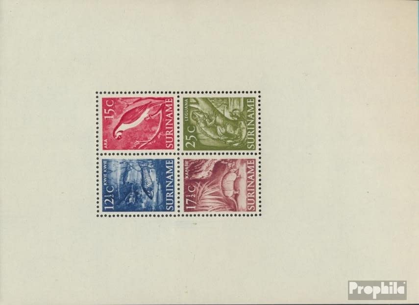 Monos y dinosaurios en sellos de Surinam Bloque 1 1953 nuevo con goma