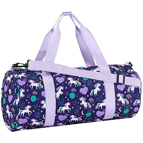 Choco Mocha Duffle Bag Kids Girls - Overnight Bags for Kid with Shoes Compartment, Cute Weekender Bag for Sleepover Travel, Unicorn-Purple, Large, Duffle Only