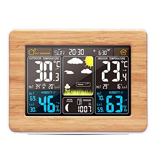 Funk Wetterstation Uhr mit Außensensor-Wand-Schreibtisch-Digital-Thermometer-Hygrometer mit Alarm-Zeit-Datum für Küche Indoor-Keller,Braun