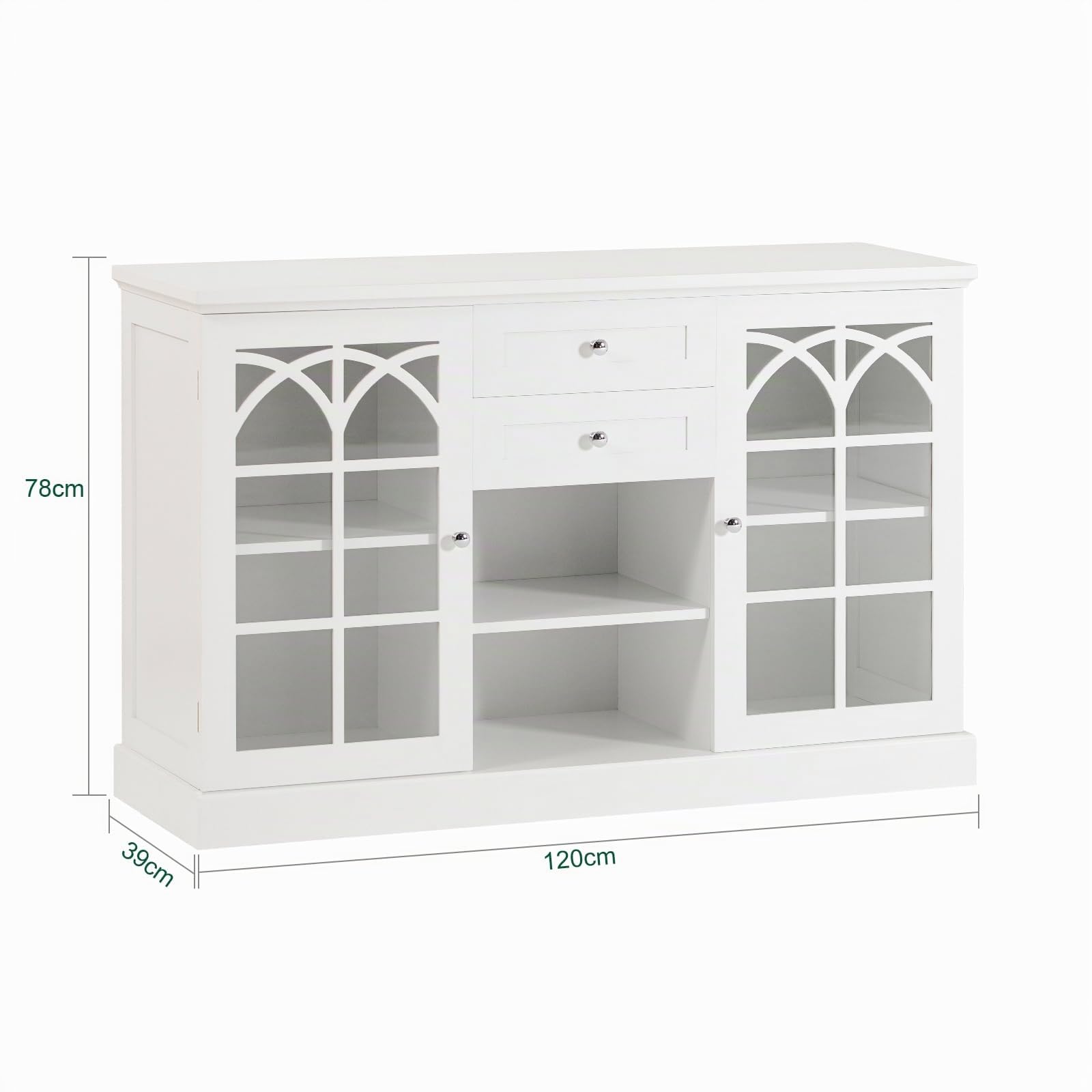 SoBuy Sideboard Küche mit Glastüren, Schubladen & offenem Fach, 120×78×39cm | Buffetschrank, große Arbeitsplatte, 80 kg Tragkraft, staubgeschützt, MDF, für Esszimmer & Wohnzimmer & Kaffeeecke, FSB79-W