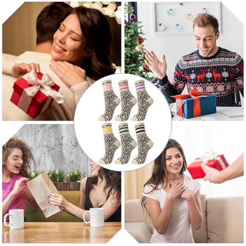Utensilsto 6 Paare Tennissocken Damen Leoparden Sportsocken Leo Streifen Crew Socks Baumwolle Tennis Sport Socken für Damen Frauen, 39-42