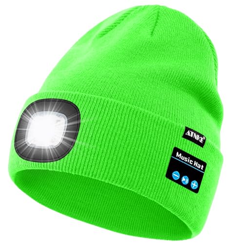 ATNKE LED Lighted Bluetooth Beanie Hat,USB Rechargeable 4 LED Wireless Music Running Headlamp Cap Gift for Men and Women/#Fluorescent Green