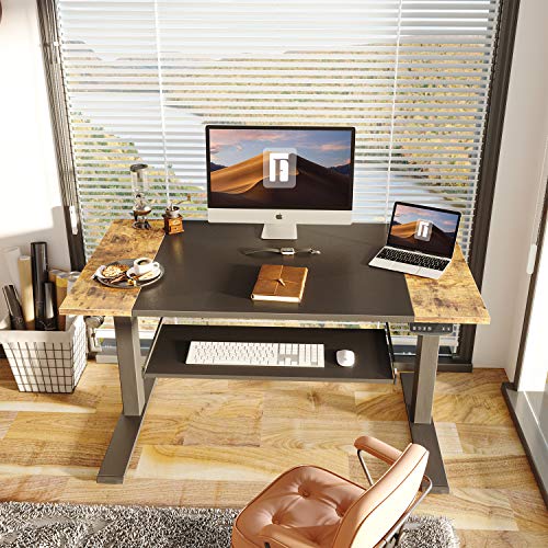 FEZIBO Dual Motor Height Adjustable Electric Standing Desk, 48 x 24 Inches Full Sit Stand Home Office Table with Splice Board, Black Frame/Rustic Brown and Black Top