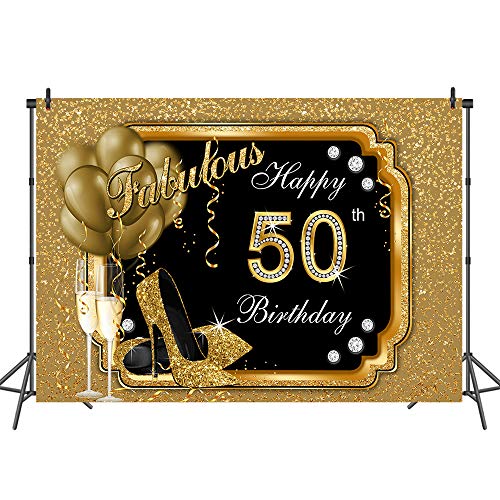 Mehofoto Happy 50th Birthday Backdrop Glitter Gold Balloons and Heels Photography Background 7x5ft Gold and Black 50th Fabulous Vinyl Photography Backdrops Birthday Decorations