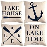 7COLORROOM Set of 4 Lake House Decor Pillow Covers On Lake Time with Anchor Lake Cushion Cover Lake House Gifts Farmhouse Decorative Square Pillowcases 18”x18” for Sofa Couch Patio
