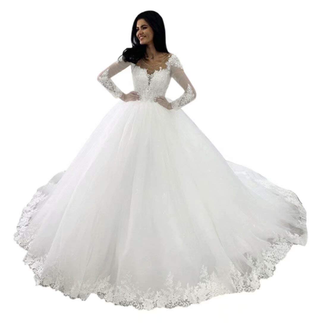 Andybridal Women's Princess Illusion Neck Appliques Tulle Ball Gown Bridal Wedding Dress with Long Sleeves