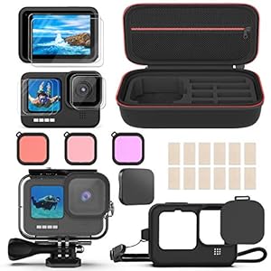 Kuptone Zubehör-Set für GoPro Hero 11/Hero 10/Hero 9 Black, Stoßfeste kleine Tasche + Wasserdichtes Gehäuse + Displayschutzfolie aus gehärtetem Glas + Silikon Cover Bundle für GoPro Hero 11/10/9