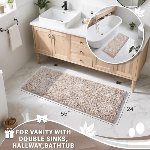 Image of Yimobra Long Bathroom Rugs Runner 55x24 Inch, Extra Thick Soft Absorbent Chenille Bath Mat, Non Slip Machine Washable, Quick Dry Bath Rugs for Bathroom Floor, Tub and Shower, Khaki
