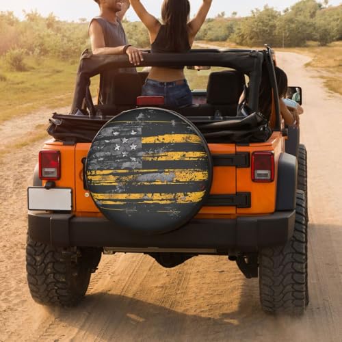 Image of Distressed American Flag Thin Yellow Spare Tire Cover Dust-Proof Wheel Tire Cover Fit Trailer, RV, SUV and Many Vehicle 15 Inch