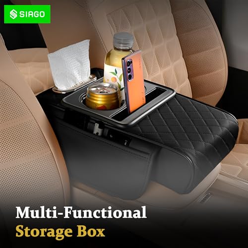 Image of SIAGO SIA399 Premium Car Armrest Cover | 5-in-1 Center Console Organizer with Cup Holder, Phone Slot, & Storage Bags | Anti-Slip PU Leather Cushion for Sedans & SUVs (Black)