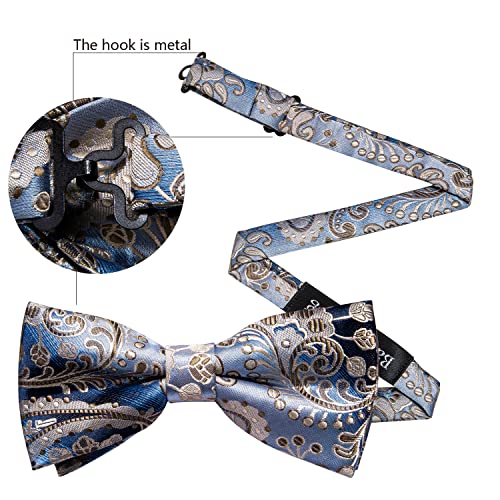 Image of Barry.Wang Paisley Striped Bow Tie for Men Silk Pre-Tied Bowtie Pocket Square Cufflinks Set Formal Wedding Party Prom