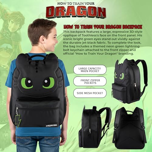 Image of AI ACCESSORY INNOVATIONS How to Train Your Dragon Toothless Backpack, Black 16 Inch School Bag with 3D Face Applique, Green Eyes, Lightning Bolt Keychain, for Boys and Girls
