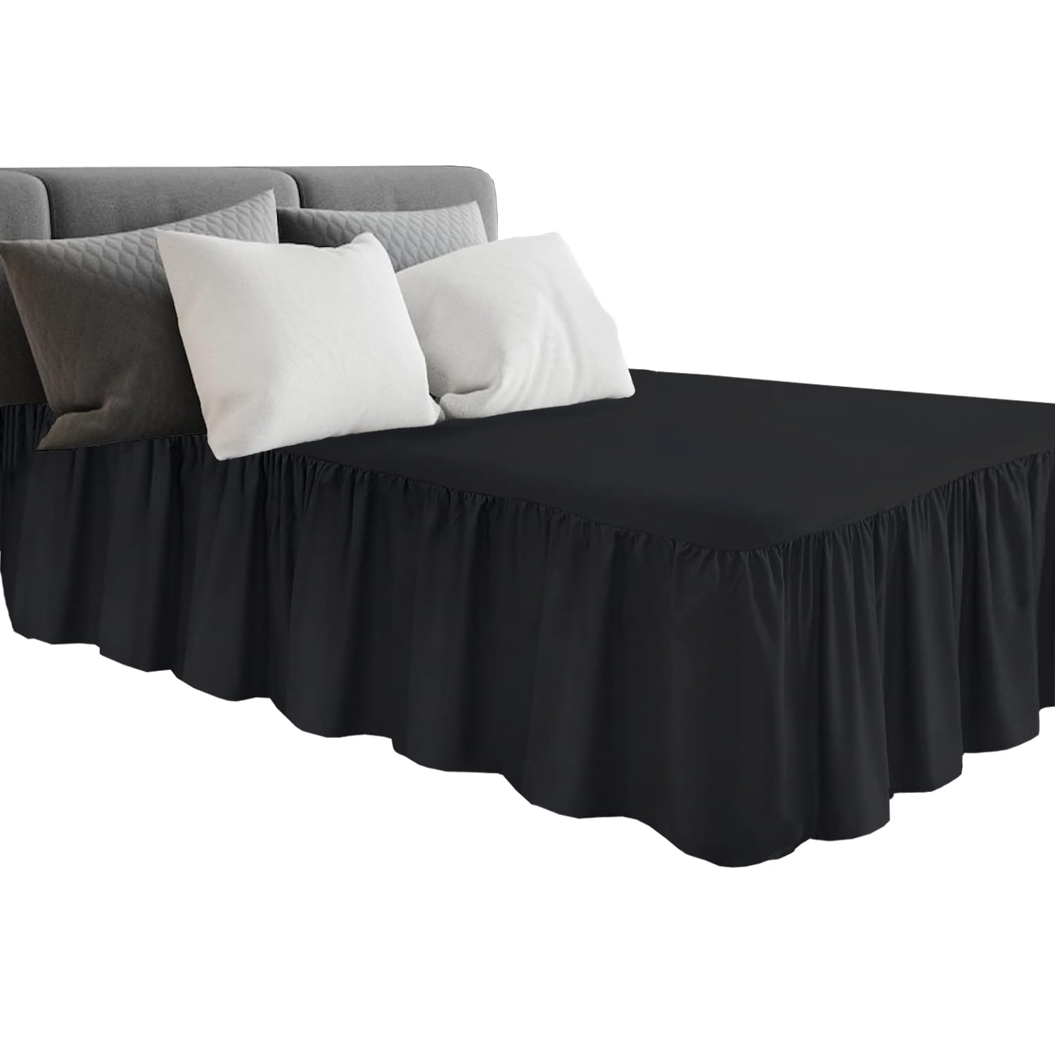 King Bed Platform Base Frilled Valance, Black, Anti-Wrinkle Soft Brushed Microfiber Fabric, Multicolor Collection, Size: 4ft (152 x 200 + 25 cm)