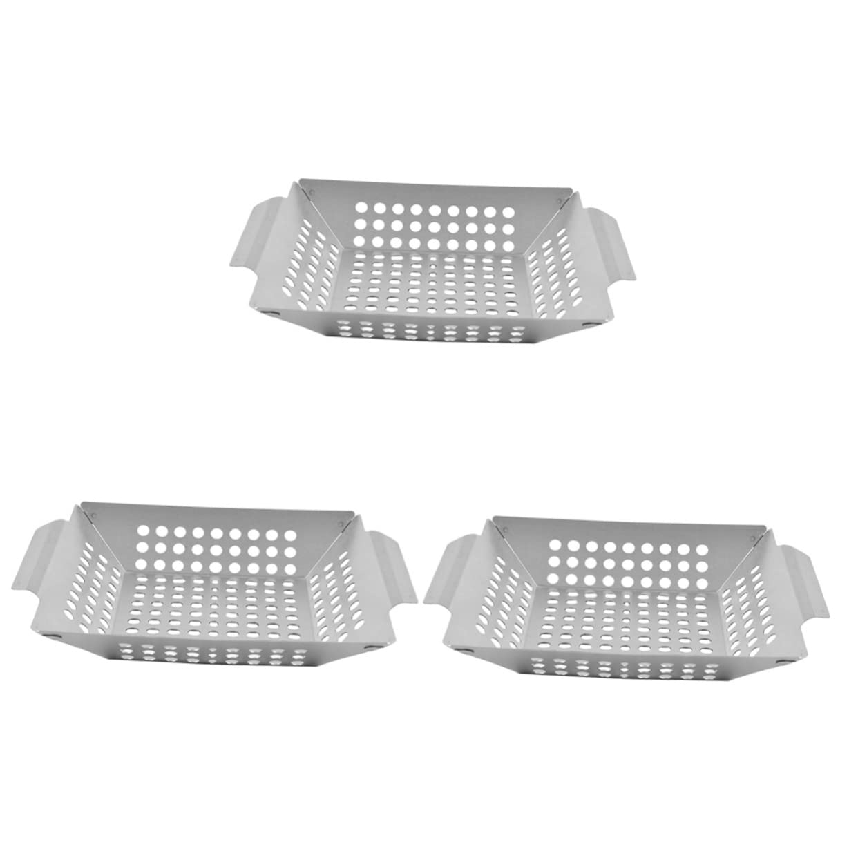Happyyami 3pcs BBQ Drain Pan Stainless Steel Tray Outdoor BBQ Food Serving Tray Fish Grill Basket Professional Rib Rack Camping BBQ Pan Double Handle Grill Tray Wear-Resistant Grill Topper