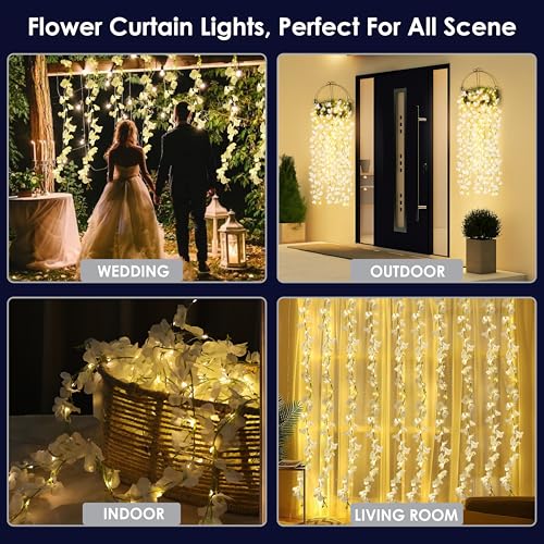 Image of Gesto White Artificial Flower Curtain LED String Lights - 200 LED Warm White Fairy Lights with 8 Modes | AC Plug Mesh Curtain Lights for Balcony,Bedroom,Home,Diwali Decoration Hanging Lights (10x3 Ft)