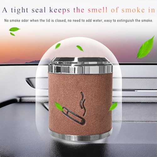 Image of Wevdn Car Ashtray with Lid, Detachable & Portable Stainless Steel Smokeless Ashtrays for Car, Mini Universal Smell Proof Windproof Car Ashtray with LED Blue Light (Brown-Plush Surface)
