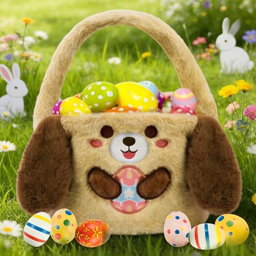 GEWUJATOP Brown Dog Plush Easter Basket