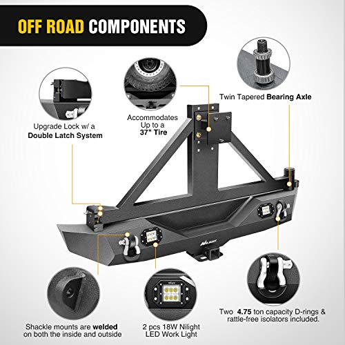 Image of Nilight Rear Bumper & Spare Tire Rack & Hitch Receiver w /2 LED Lights Compatible for 2007-2018 Jeep Wrangler JK for 2007-2018 Jeep Wrangler JK & Unlimited
