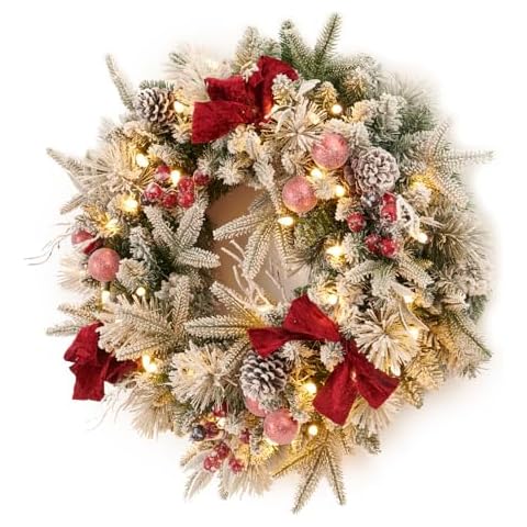 AMERZEST Pre-lit Snow Christmas Wreath with Red Balls,Berries and Bows,24 Inch 50 Battery Operated LED Lights,Holiday Decoration for Front Door Outdoor Cover