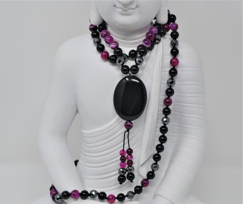 Naturalny onyks, agat, hematyt, 8 mm-7 x 3 mm, 108 koralików mala, duchowe, koraliki medytacyjne, Reiki, Japa Mala, buddyjskie koraliki modlitewne, bransoletka do jogi, koraliki lecznicze