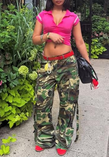Women's Camo Cargo Pants Baggy High Waisted Camouflage Wide Leg Trousers Jogger Sweatpants with Pockets3