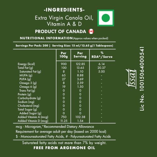 Image of JIVO Extra Virgin Canola Edible Oil 3 Litres | Vitamin A & D Fortified Cooking Oil | Canada Imported MUFA-Rich Oil | Ideal for Roasting, Frying, Baking & All Types of Cuisines