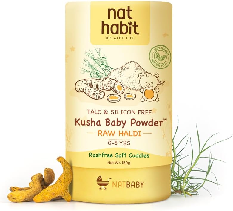 Nat Habit Everyday Talc Free Raw Haldi Kusha Baby Powder, Chemical Free & Rashfree, 0-5 Yrs - (150 g)