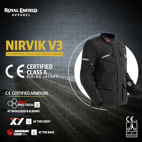 Image of Royal Enfield Nirvik V3 Riding Jacket | Protection: RE Ergo Pro Tech CE Level 2 at Shoulders & Elbows | Norman Tech CE Level 2 back protector, & XY CE Level 1 chest protectors | BLACK S