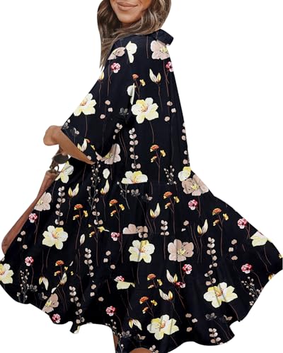 Image of PYGFEMR Women's Short Sleeve Babydoll Dress Button Down Dresses with Pockets