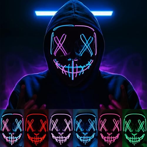 KaTiSeMo Halloween Mask LED Light Up Purge Mask with 3 Lighting Modes EL Wire Neon Scary Mask for Adults Festival Cosplay Costume Masquerade Carnival Party Gifts
