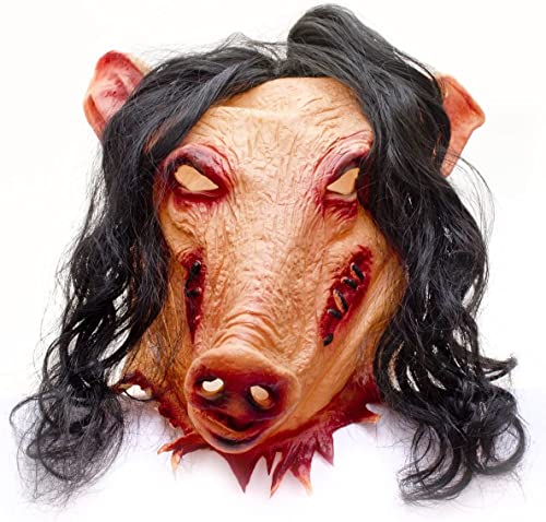 Máscara de terror de Halloween Máscara de cabeza de cerdo espeluznante Máscara de cerdo realista Máscara facial de Cosplay sangrienta con cabello Máscara de diablo Zombie Vampiro Disfraz Accesorios