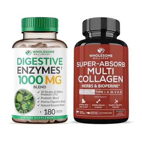 Wholesome Wellness Digestive Enzymes 1000MG Plus Prebiotics & Probiotics Supplement + Super-Absorb Multi Collagen Pills (Type I II III V X) Organic Herbs and Bioperine Bundle Cover