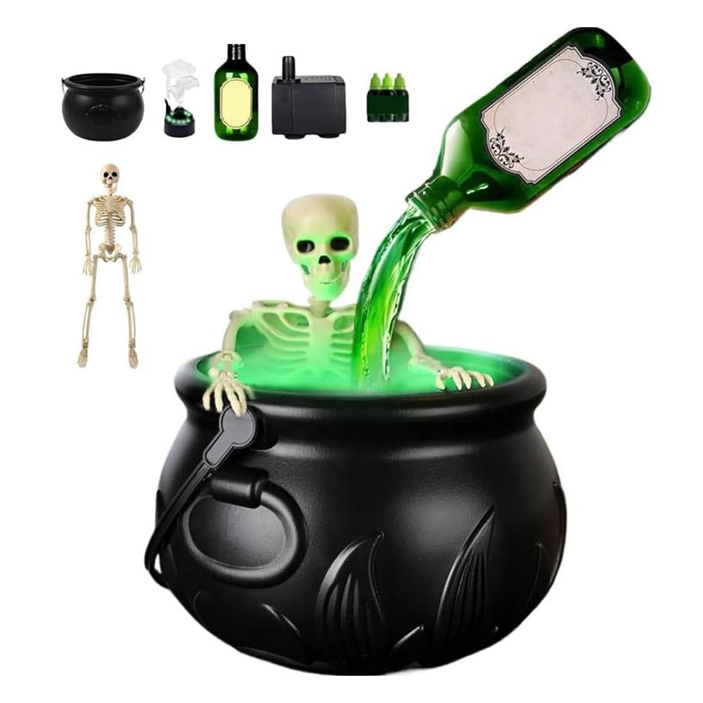 Halloween Decorations Indoor, Cauldron Decoration with Floating Potion Bottles & Fog Maker, Skeleton Cauldron Halloween Decor for Party Home Garden Table Lawn Display-A