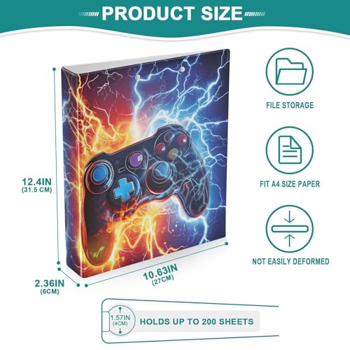 Image of 3 Ring Binder Game Controller Fire Electric Spark 1.5 inch Binders Three Ring Binders with Clipboard Fit 8.5'' x 11'' Paper 3 Interior PVC Clear Pockets for Office Supplies